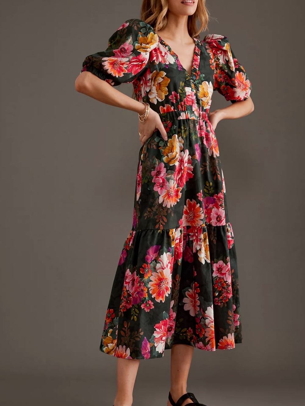 Anthropologie Black Maxi Dress with Pink, Red & Yellow Floral Print